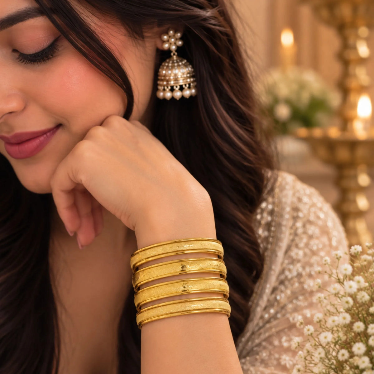 Slim Gold-Tone Textured Bangle Set