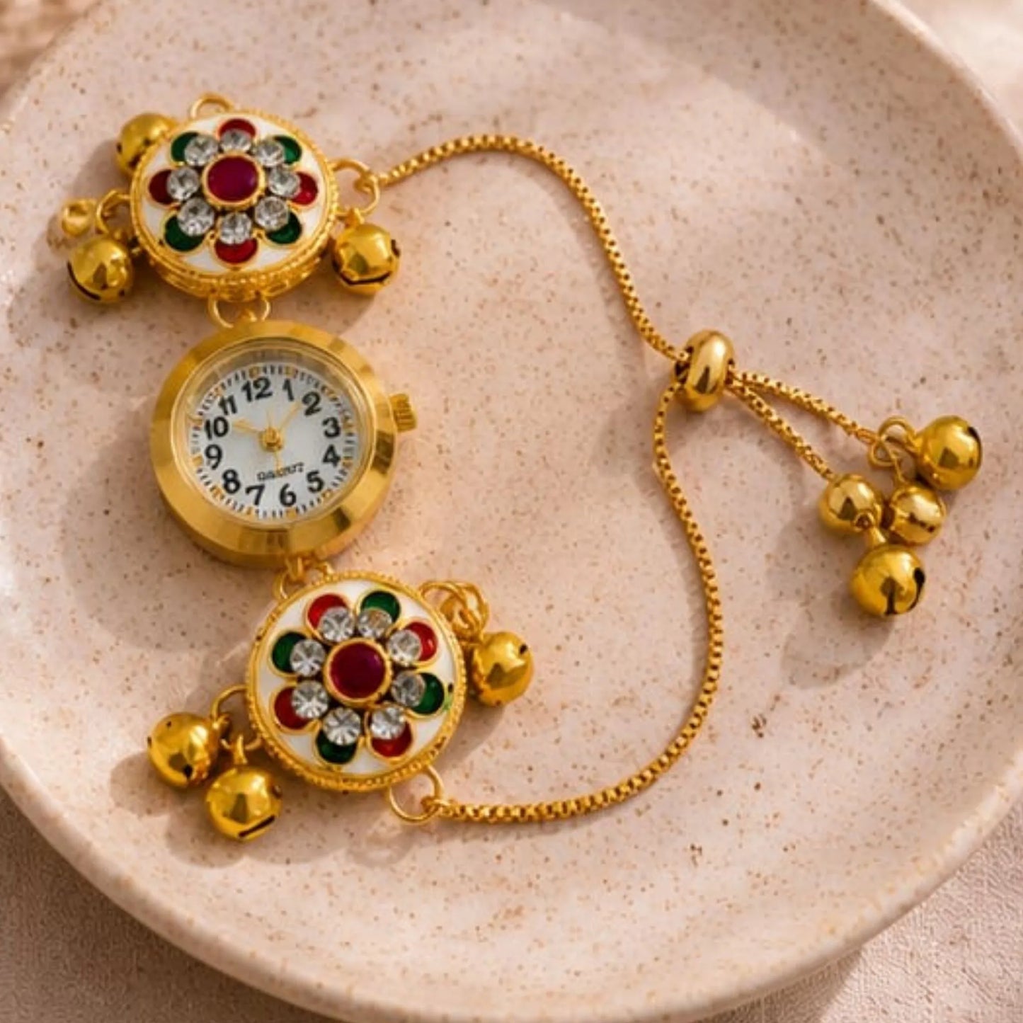 Multicolour Kundan Floral Bracelet Watch for Women