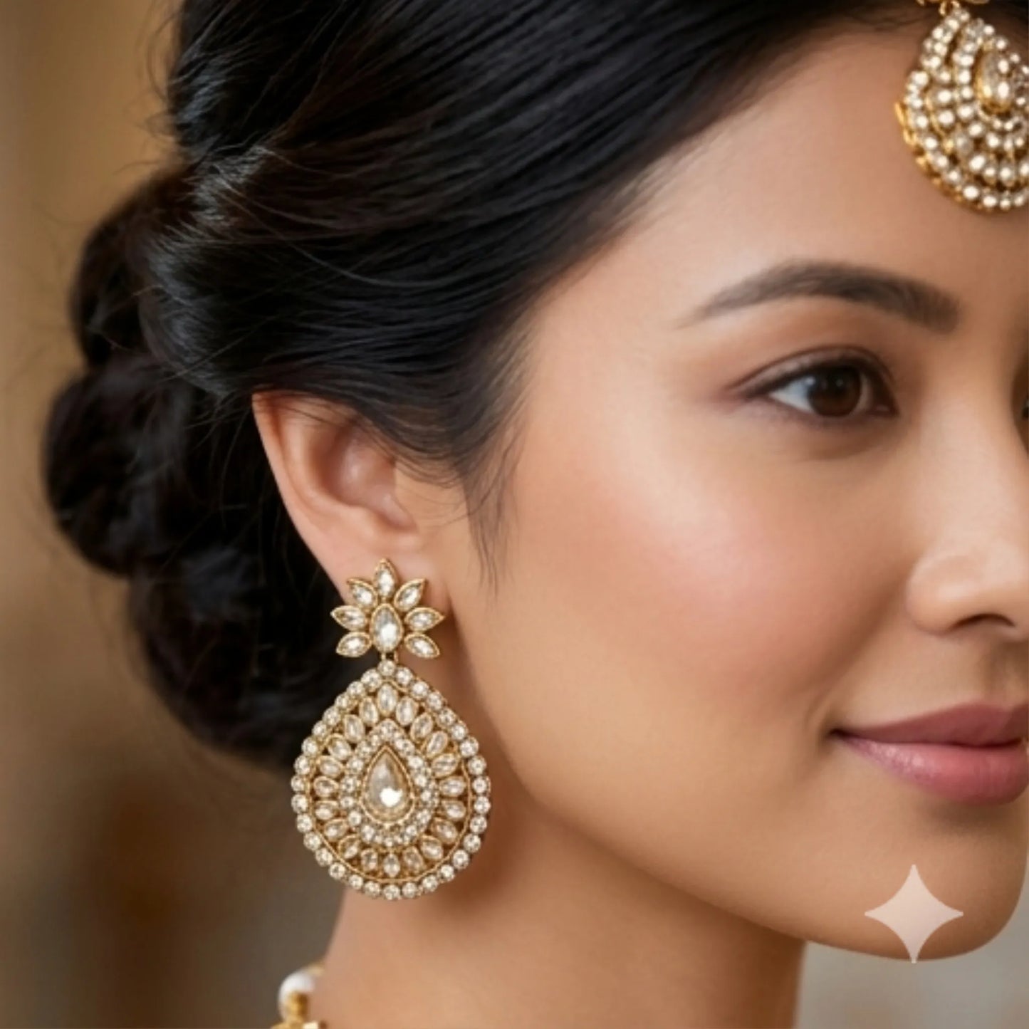 Gold stone chain with earrings and maang tikka
