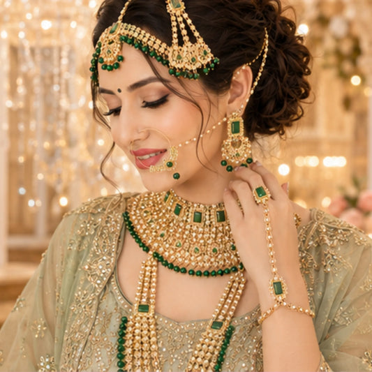 Royal Green Kundan Bridal Set with Layered Haar & Hand Harness – Complete Wedding Jewellery set