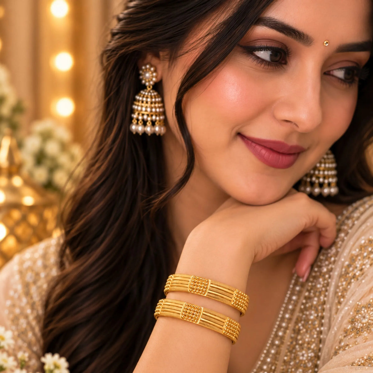 Gold-Tone Textured Geometric Bangle Pair