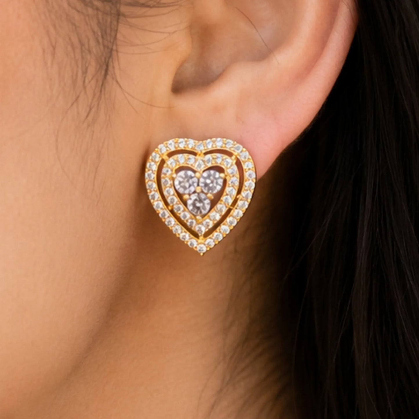 Premium Golden Triple-Layered Heart Drop Earrings