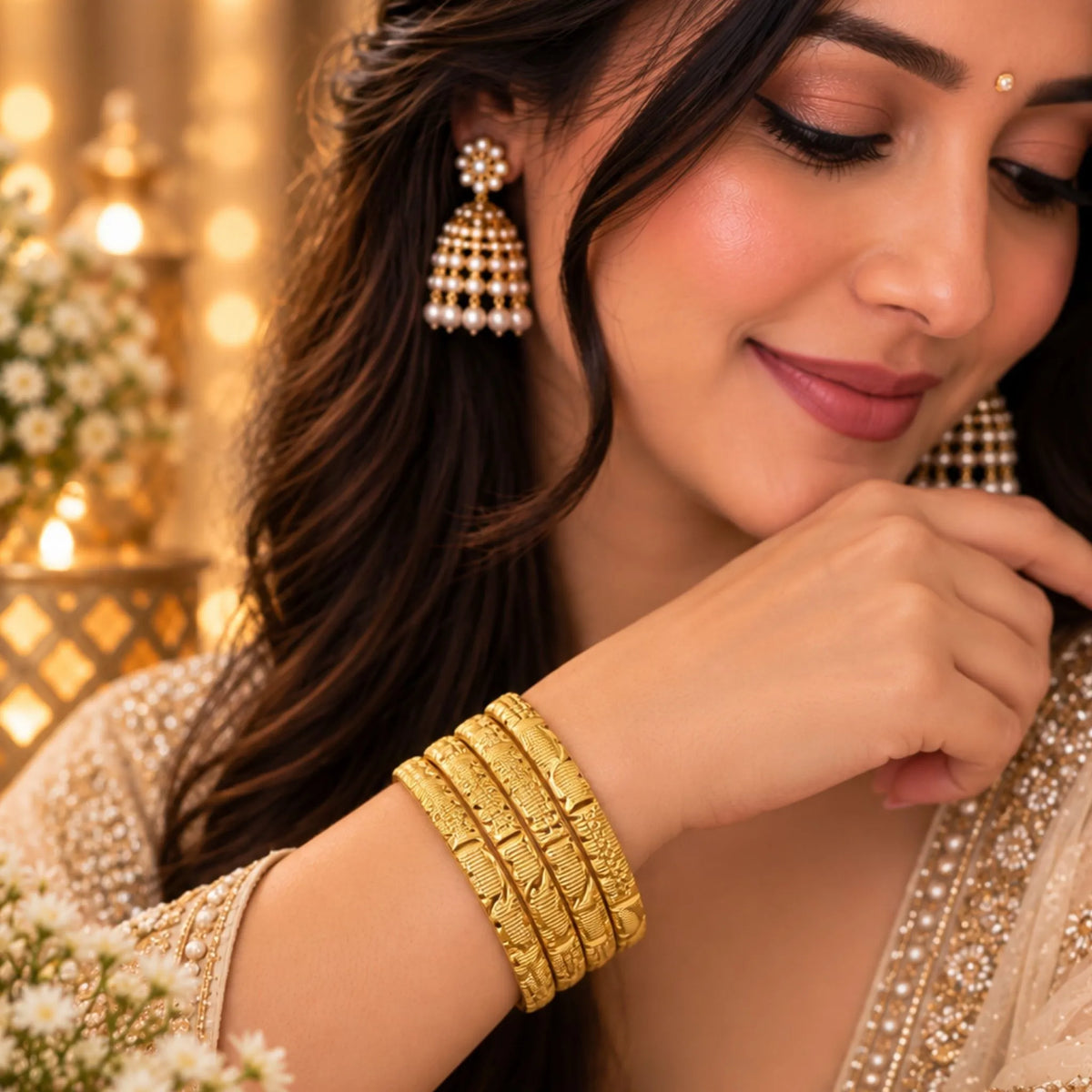 Gold-Tone Textured Designer Bangle Set – 4 Bangles