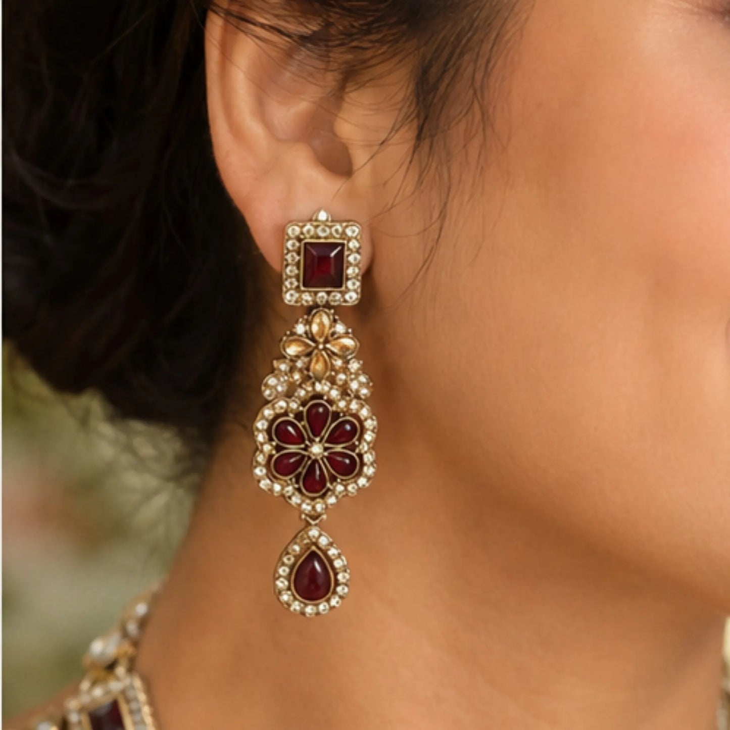 Maroon Stone Bridal Necklace Set with Earrings & Maang Tikka