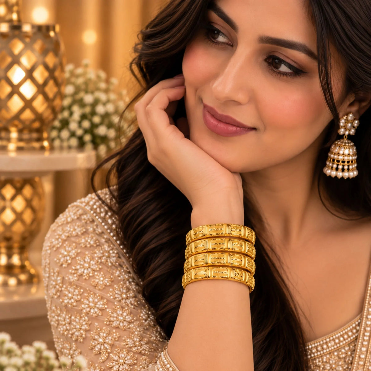 Elegant 4-Piece Gold Designer Bangles Set – Intricate Traditional Pattern