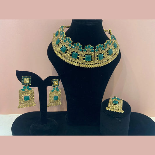 Green Emerald Stone Choker Necklace Set with Earrings & Maang Tikka