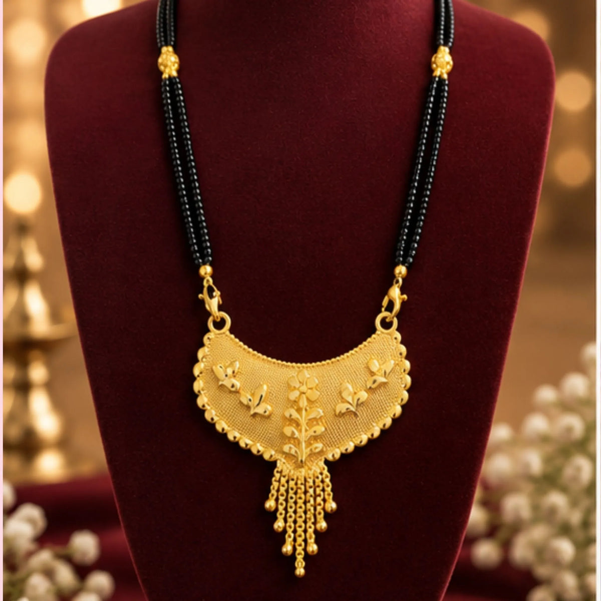Traditional Gold Mangalsutra with Floral Fan-Shaped Pendant & Black Beaded Chain