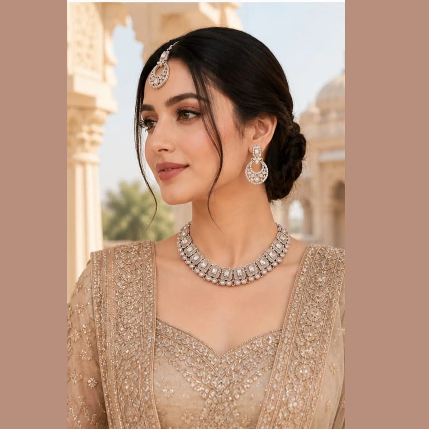Silver Mirror-Work Chandbali Necklace Set
