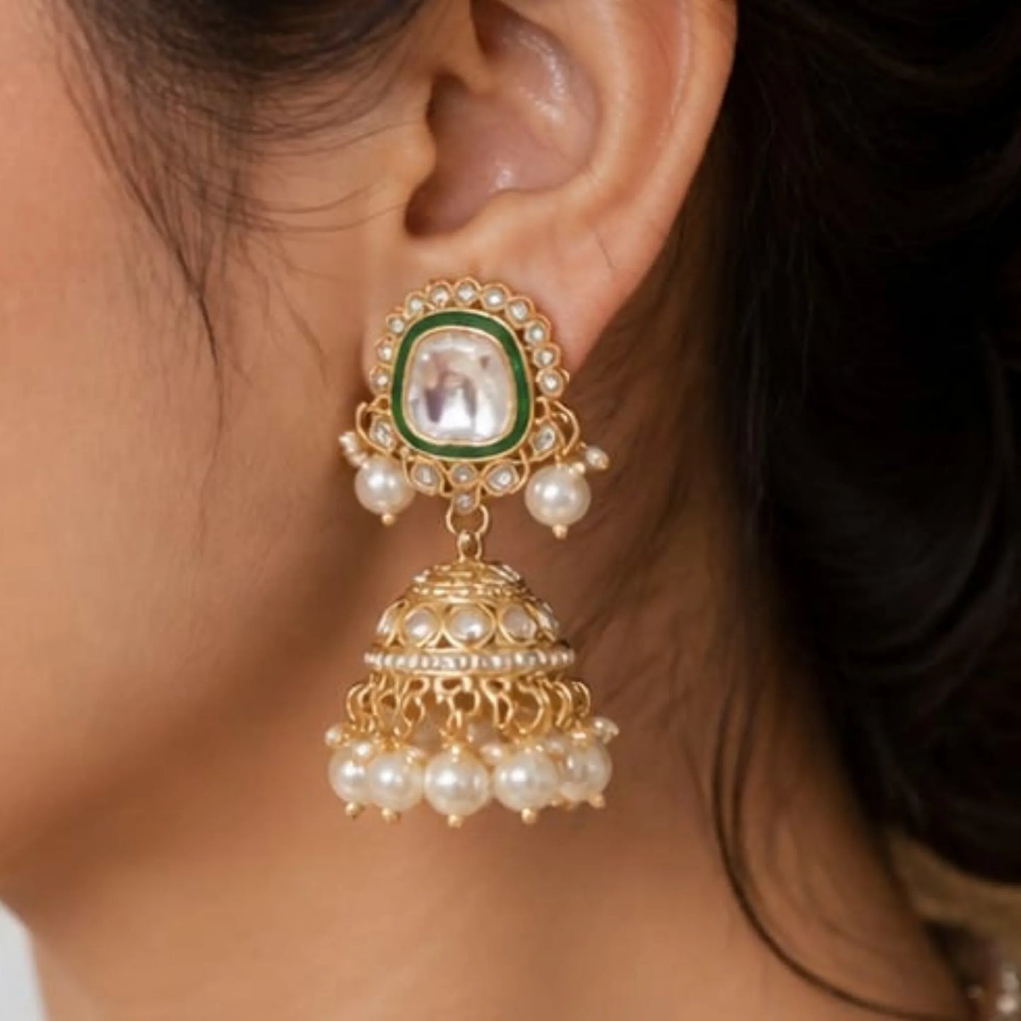 Antique Gold & Mint Emerald Polki Set with Jhumkas