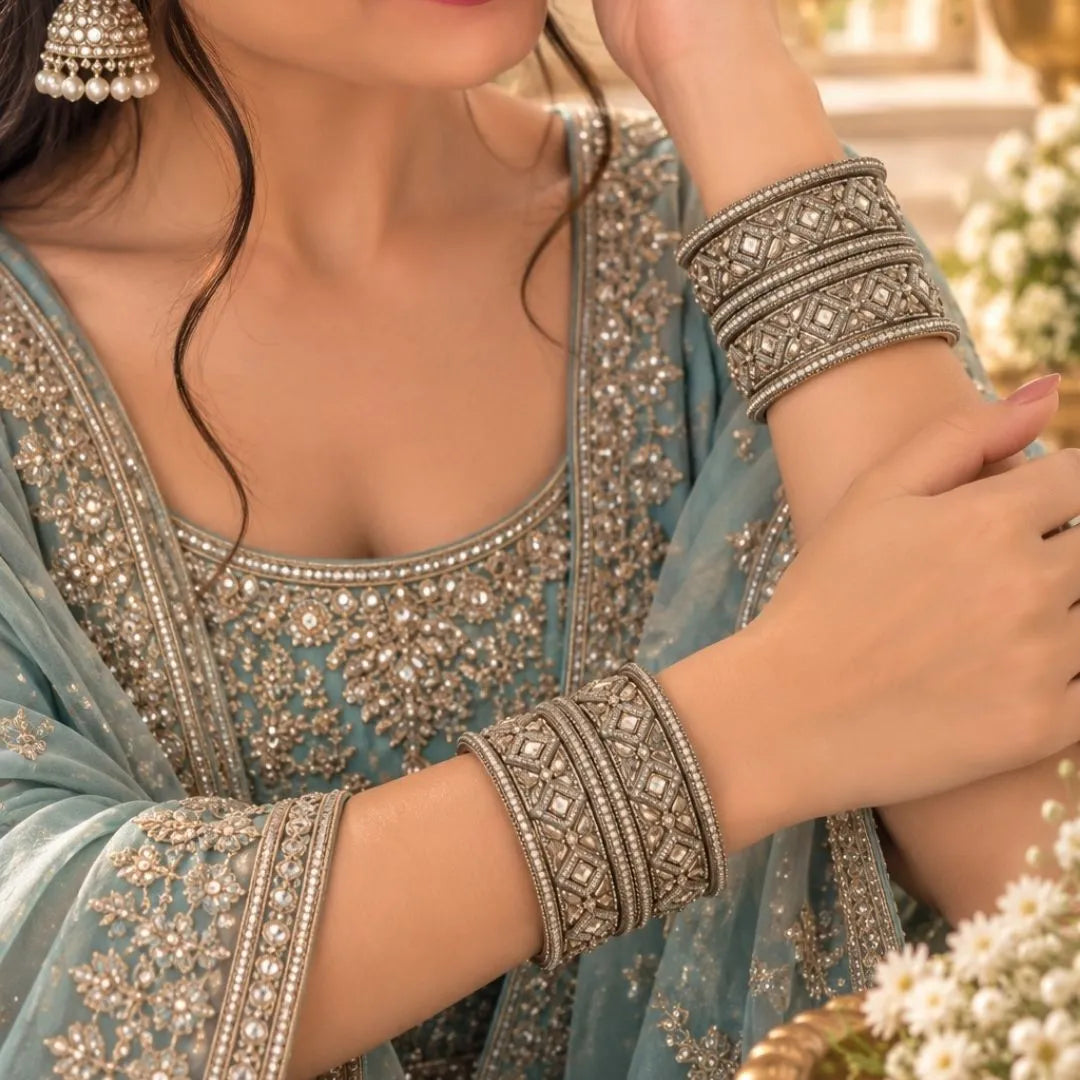 Silver-Tone Mirror Stone Bridal Kada Bangles