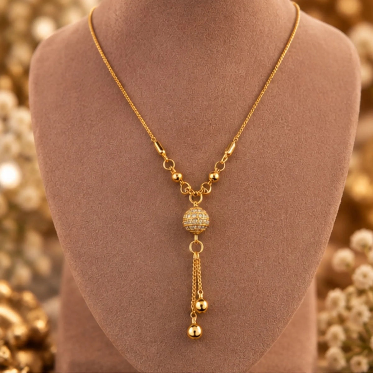 Elegant Gold-Tone Beaded Pendant Necklace with Crystal Ball & Dangling Charms