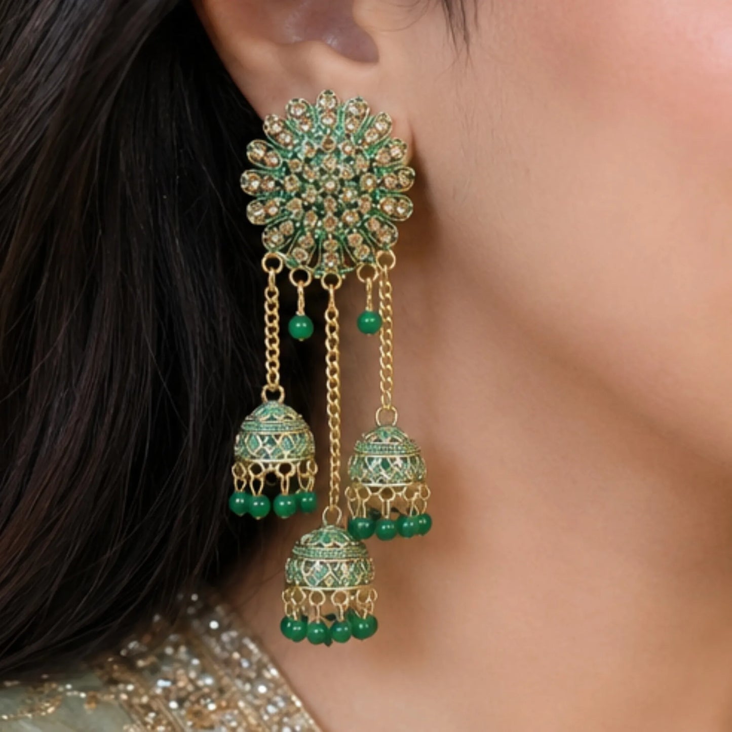 Emerald Green Meenakari Jhumkas