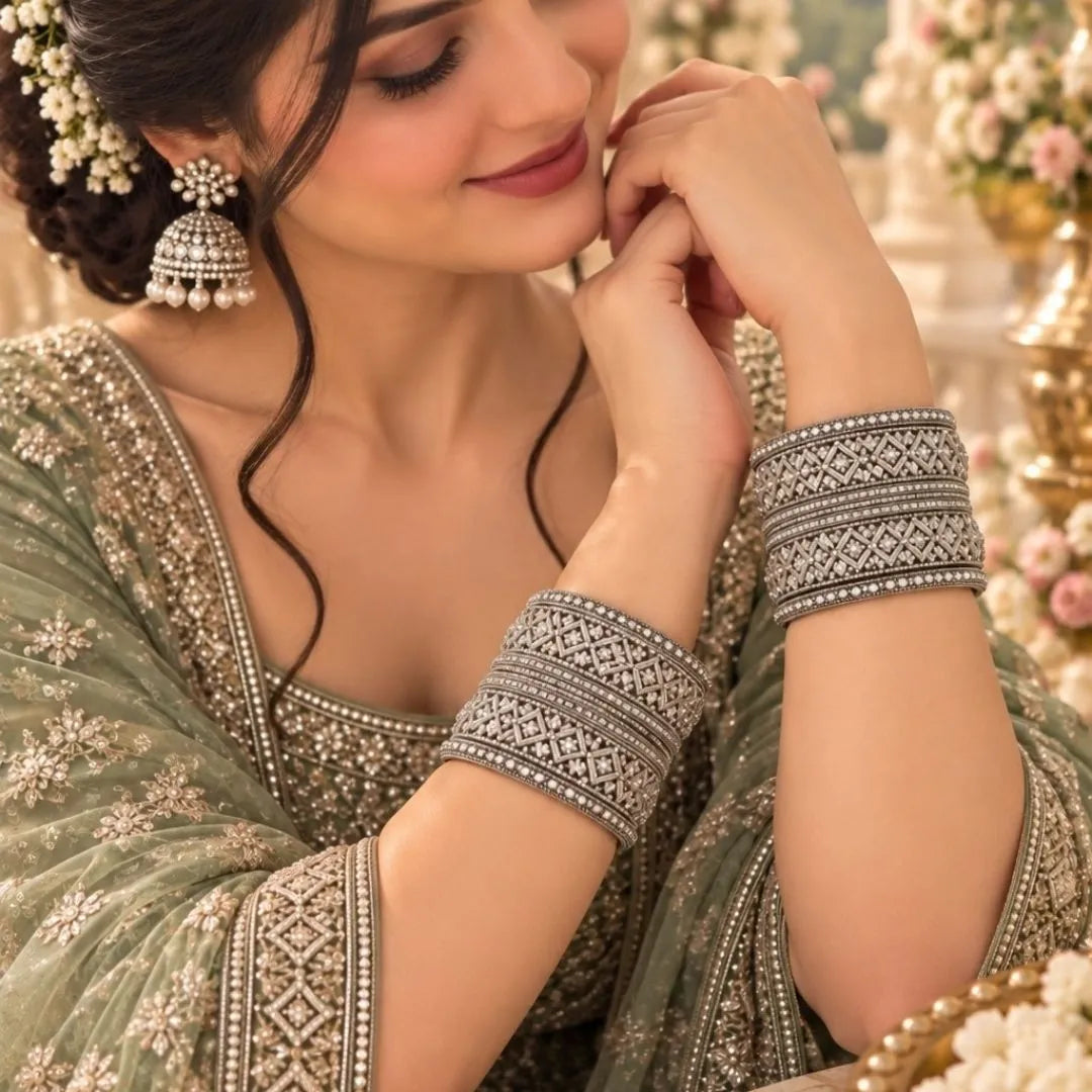 Silver-Tone Designer Kada Bangles – Sparkling Crystal Bridal & Wedding Jewellery
