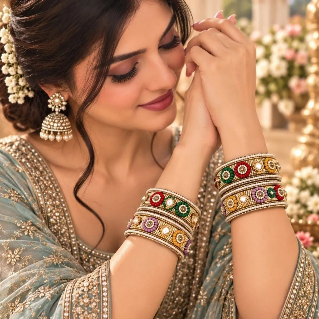 Gold-Tone Multicolour Floral Kada Bangles – Designer Bridal & Festive Jewellery