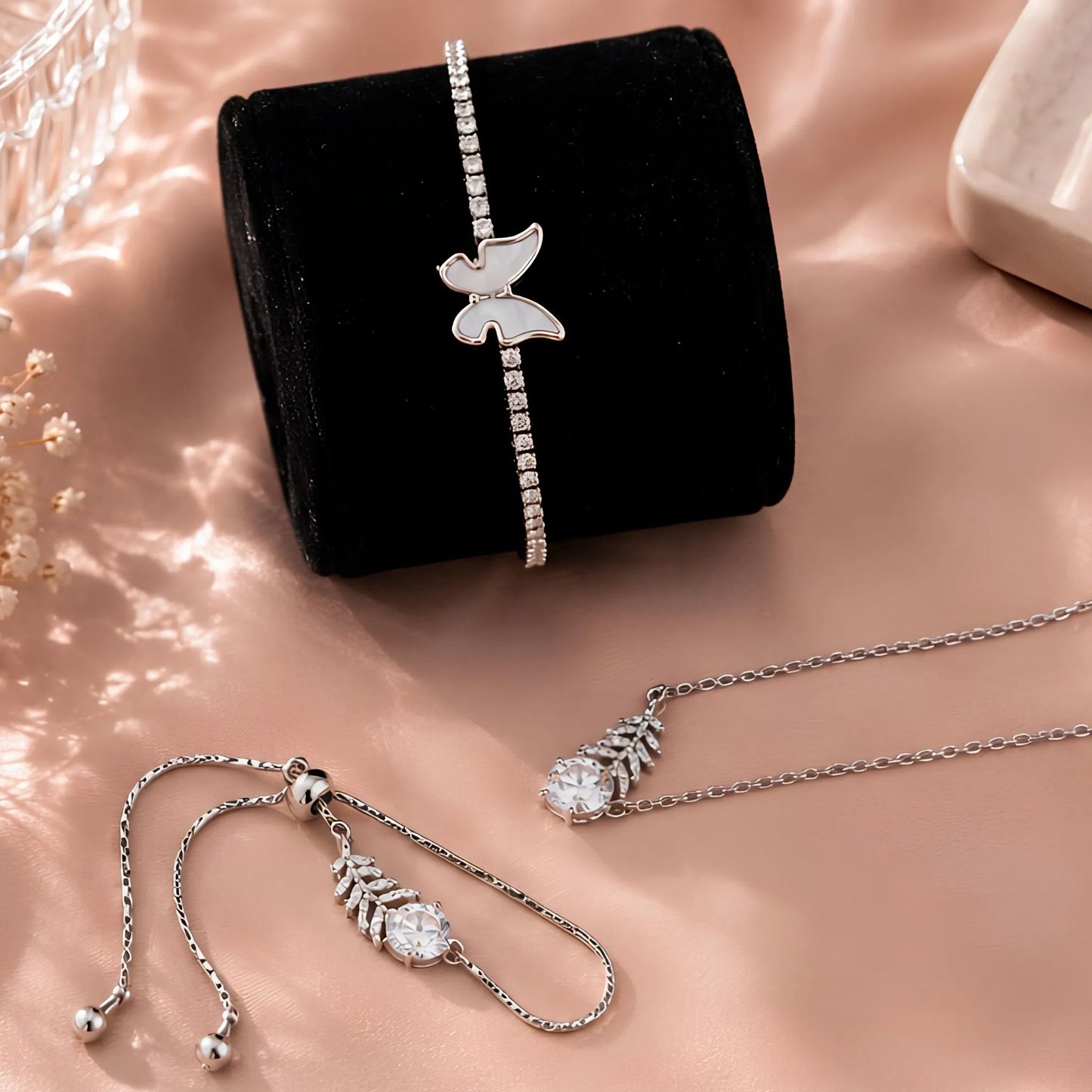 Kids' Silver Butterfly Jewellery Gift Set – Butterfly Bangle, Crystal Leaf Necklace & Adjustable Bracelet