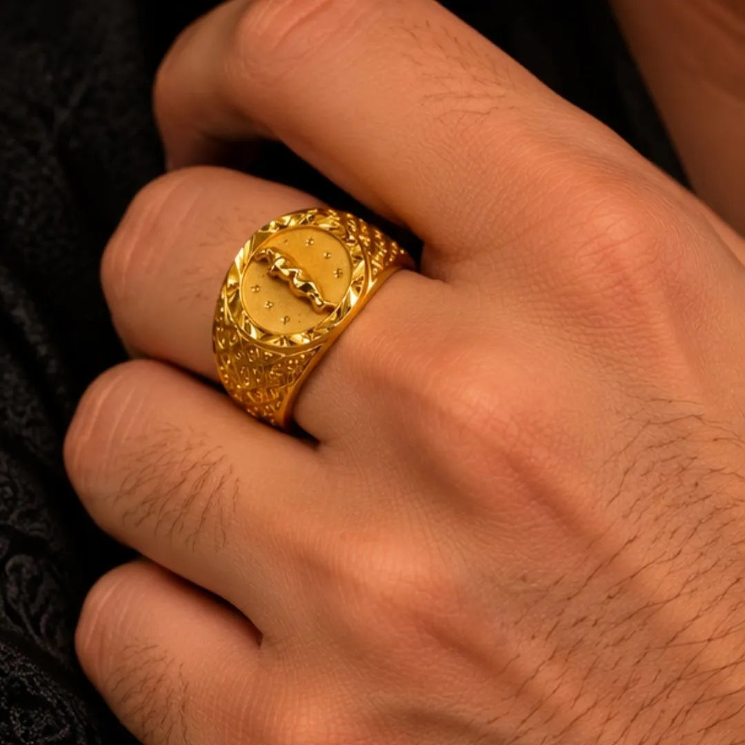 Men’s Gold-Tone Round Engraved Statement Ring