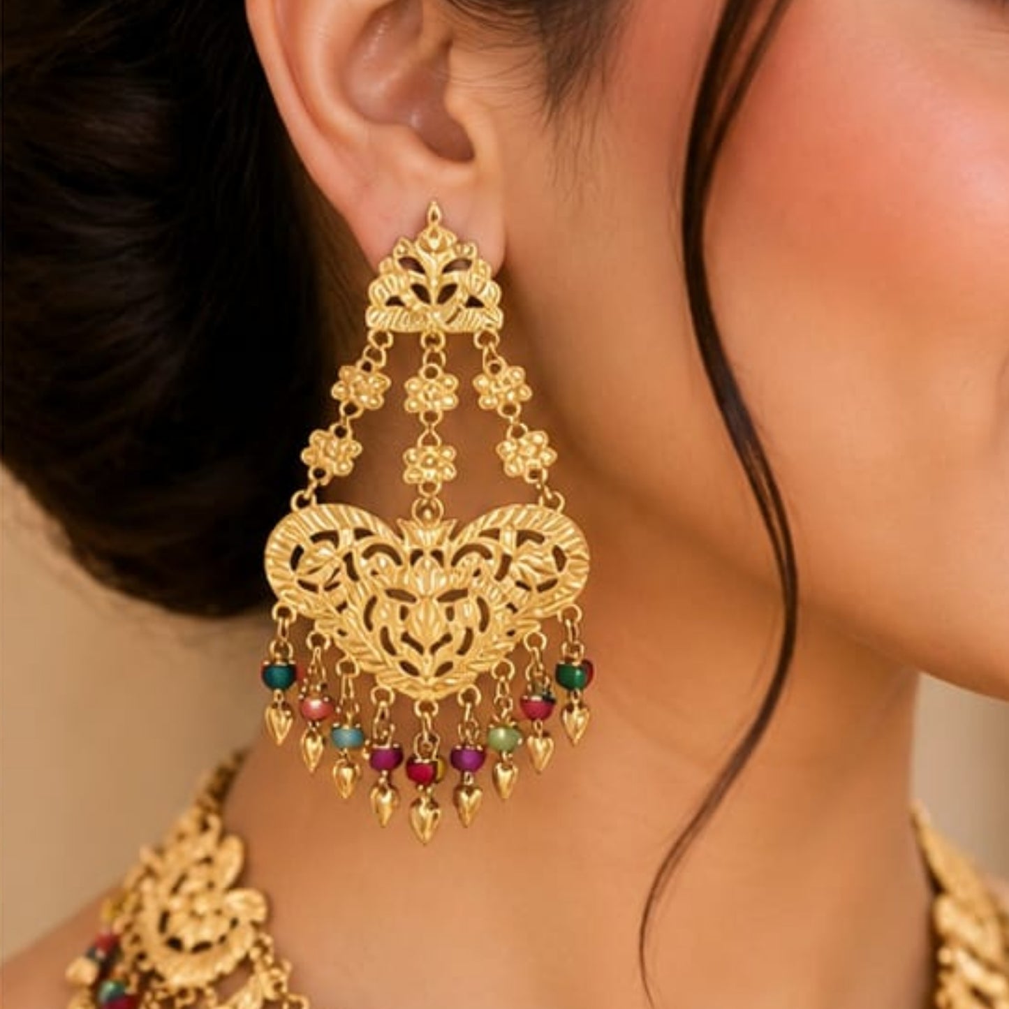 Golden Heart Filigree Set with Multi-Color Bead Accents