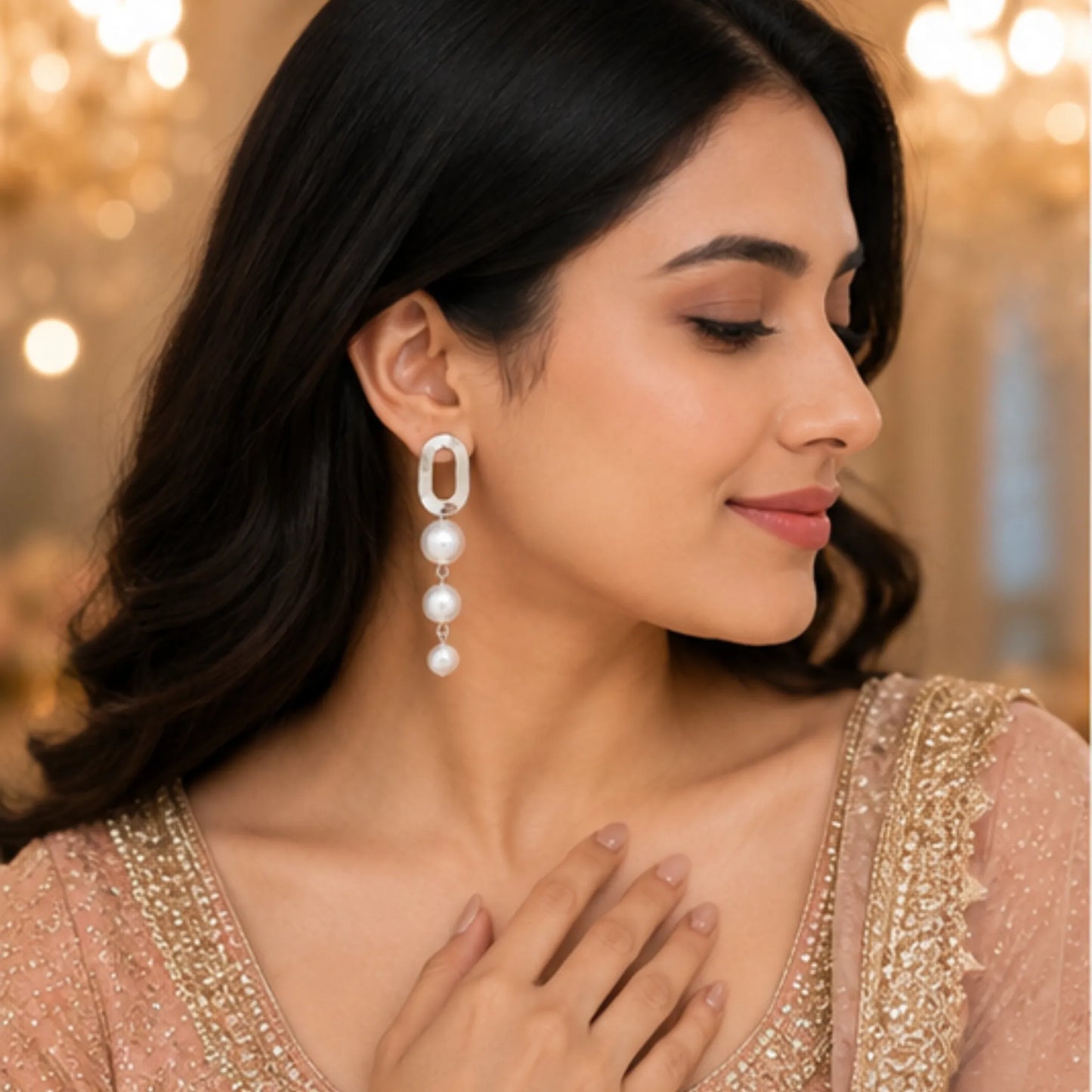 Silver Oval Pearl Drop Earrings