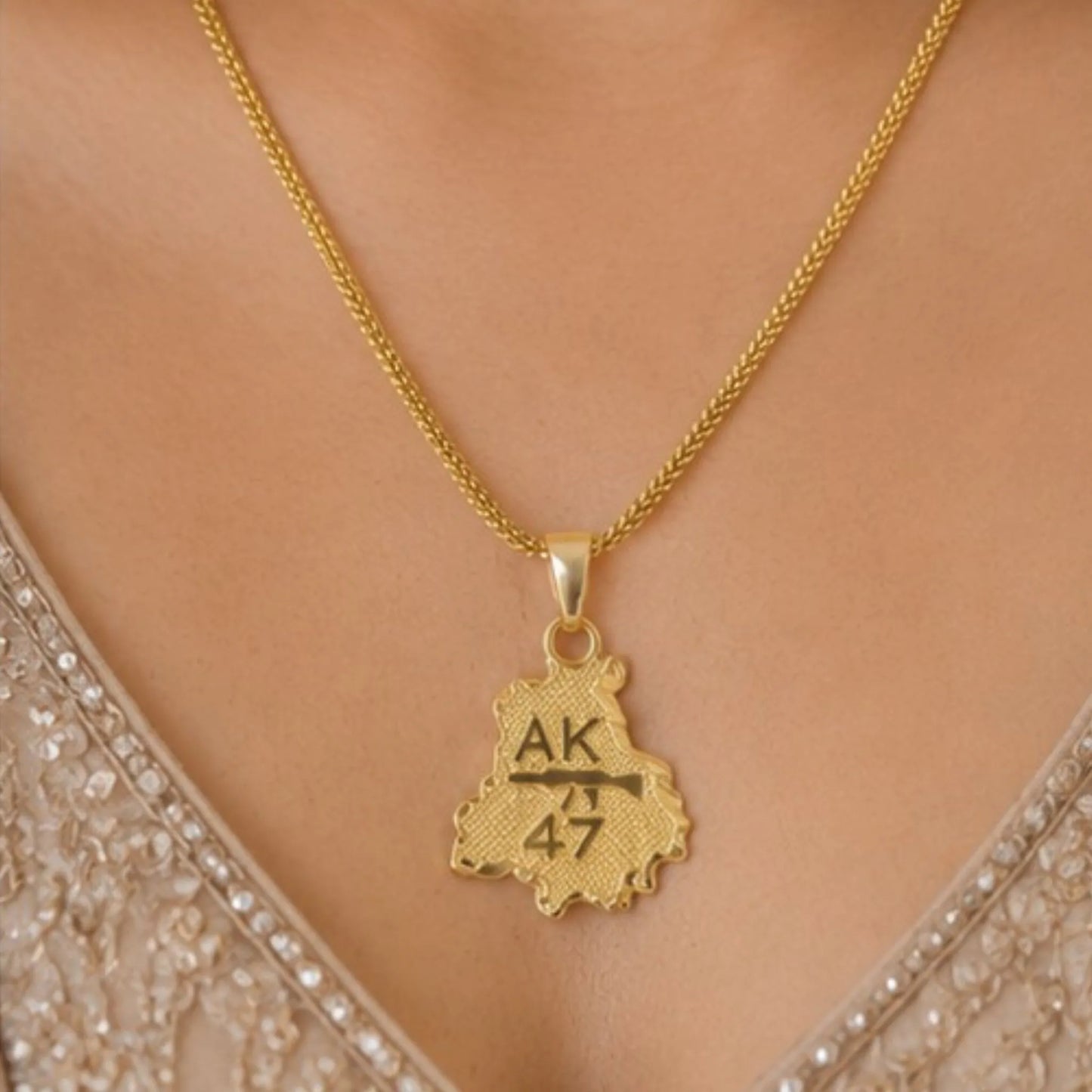 Unisex Gold-Tone AK47 Punjab Map Pendant Necklace – Statement Everyday Chain