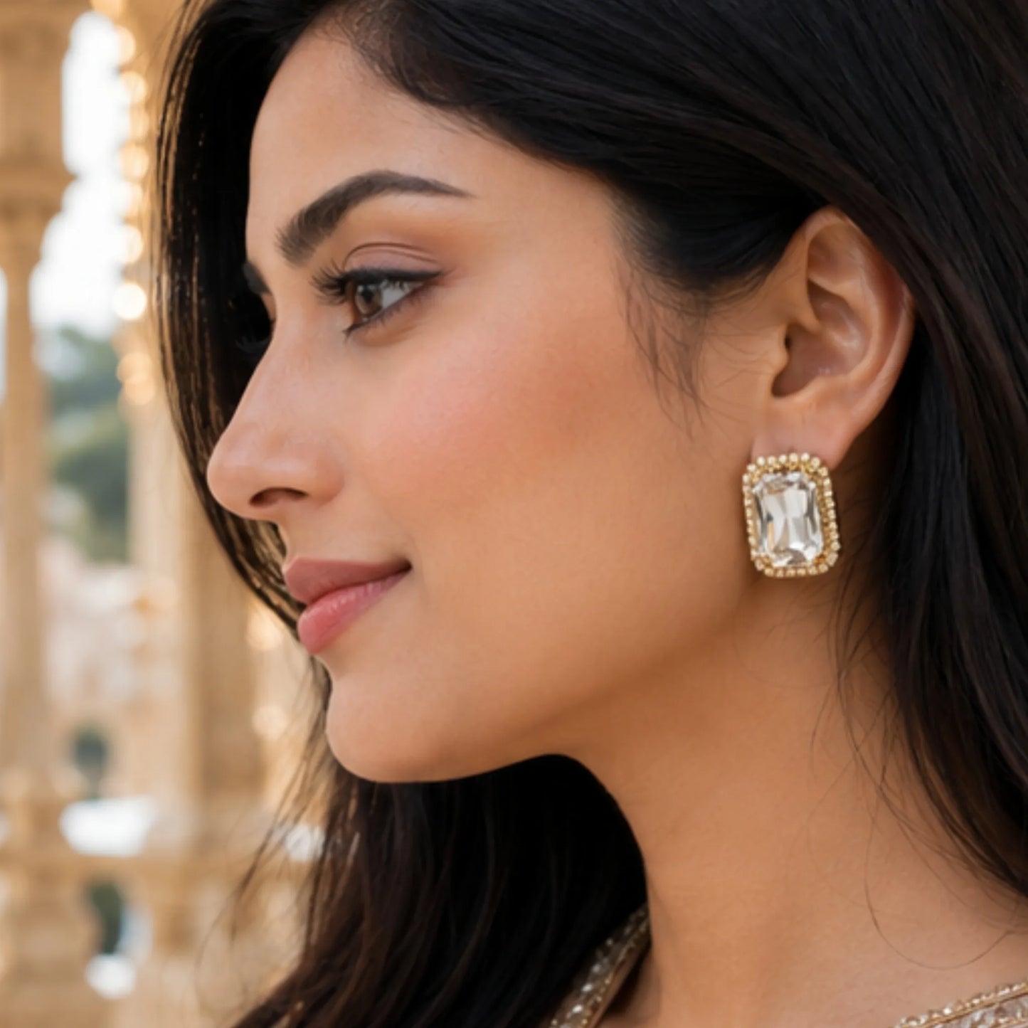 Ivory Glow Crystal Studs with Dual-Tone Border