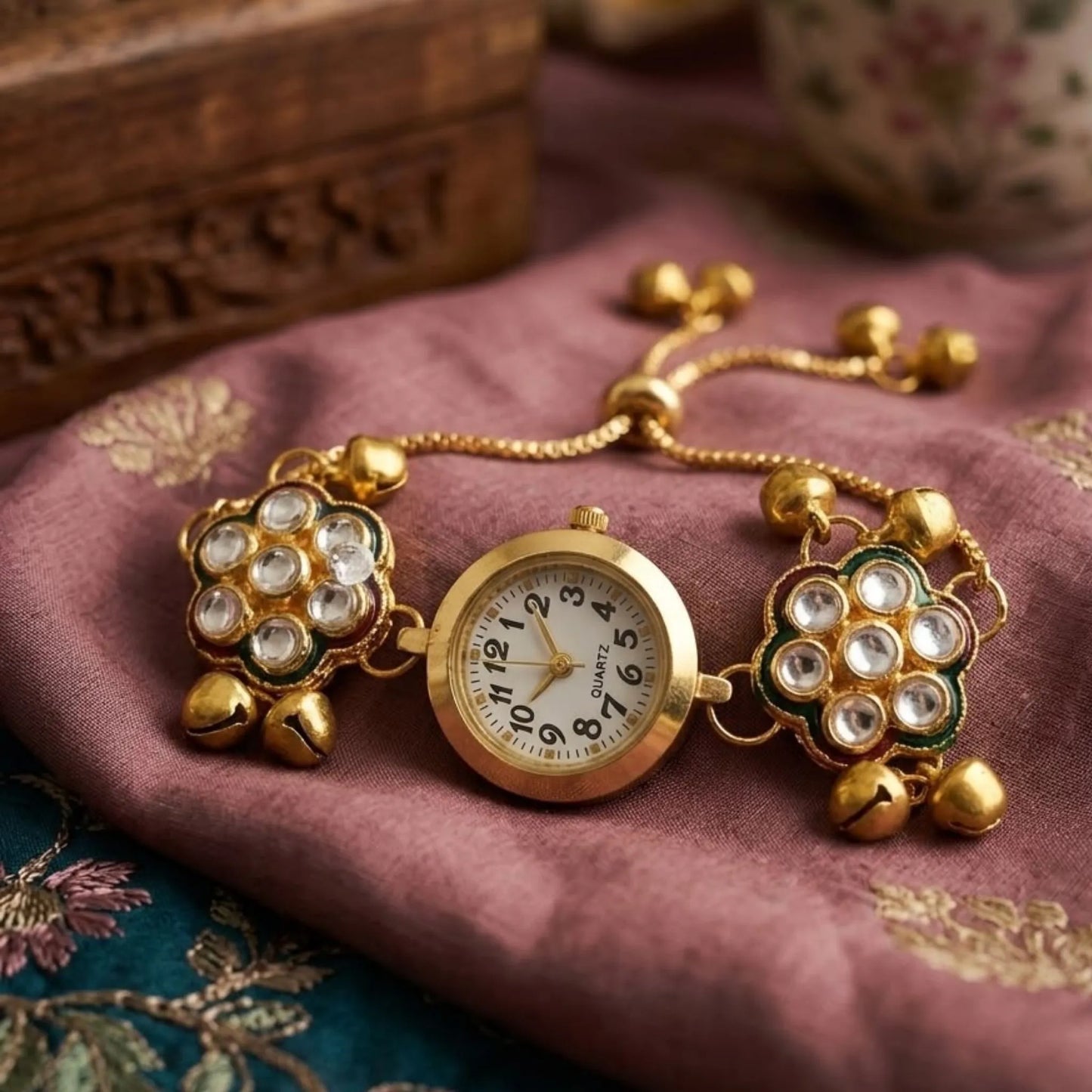 Traditional Gold Floral Bracelet Watch – Adjustable Ethnic Ladies Watch with Ghungroo Detail