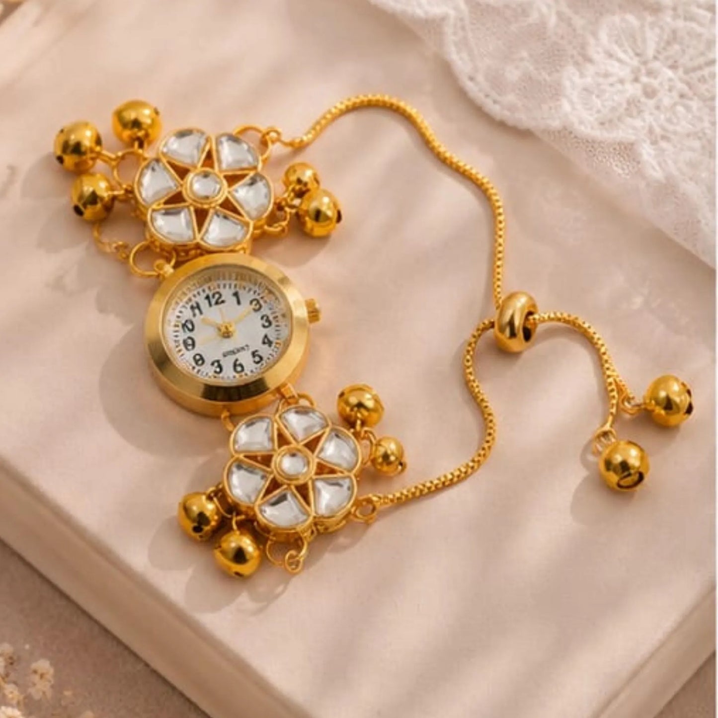 Gold Kundan Floral Bracelet Watch for Women