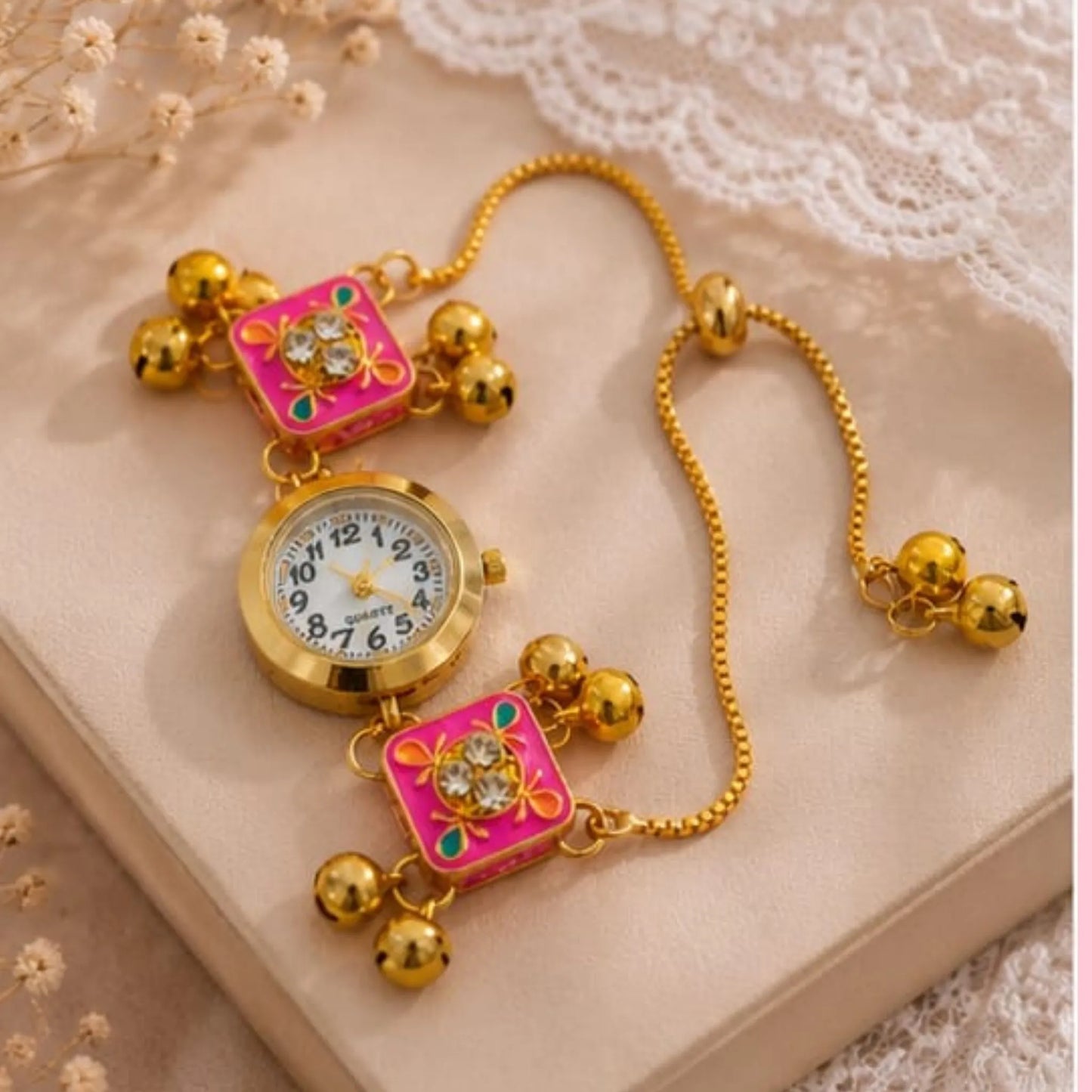Gold Kundan Floral Bracelet Watch for Women
