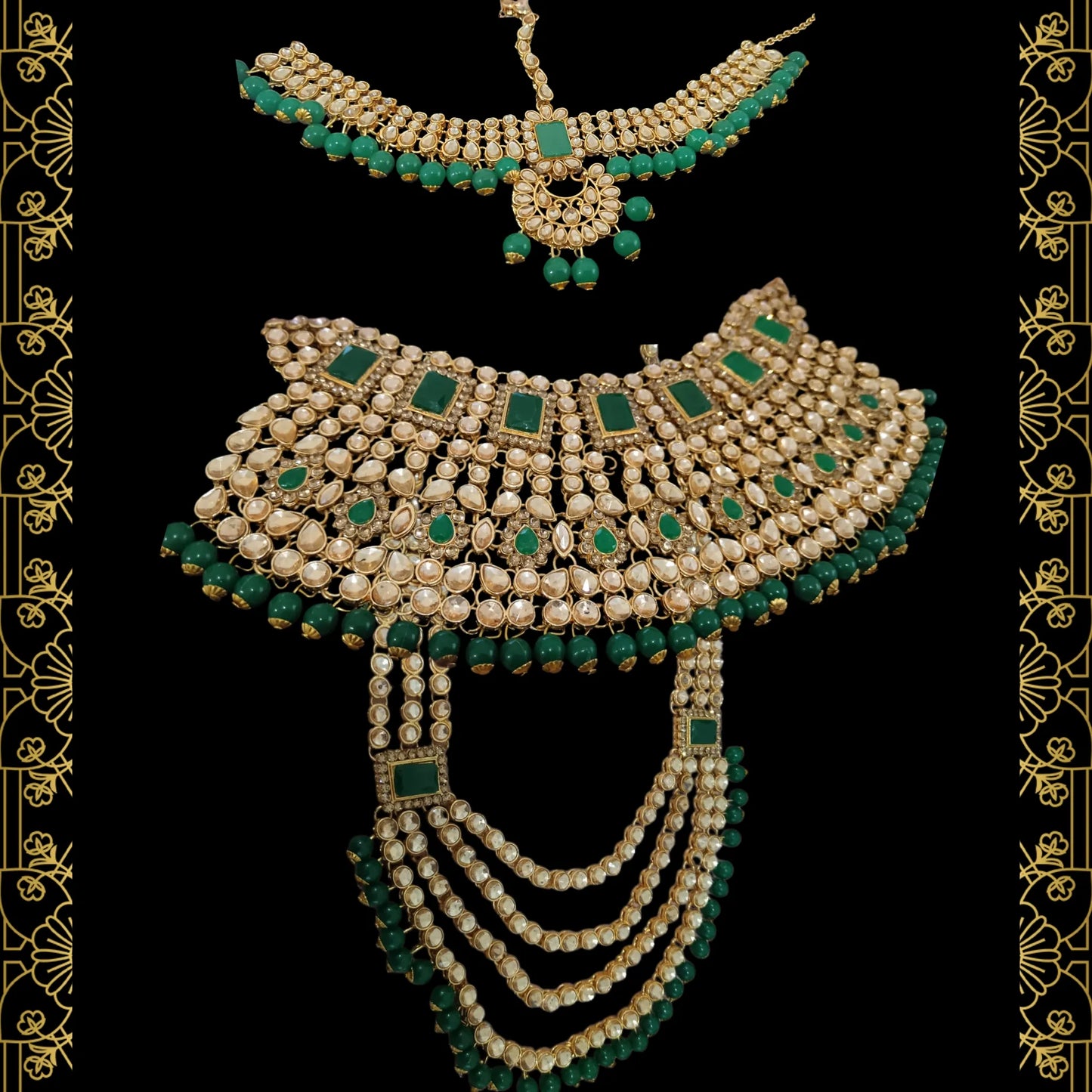 Royal Green Kundan Bridal Set with Layered Haar & Hand Harness – Complete Wedding Jewellery set