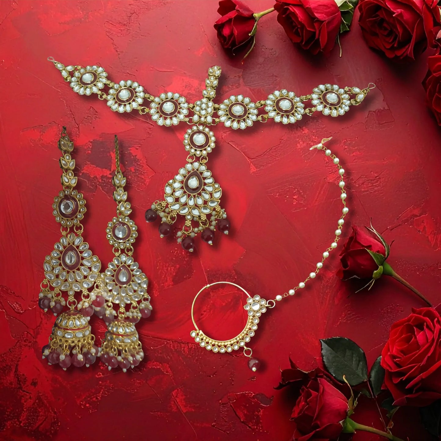 Royal Kundan Bridal Jewellery Set – Maroon Choker Necklace with Earrings, Maatha Patti & Nath