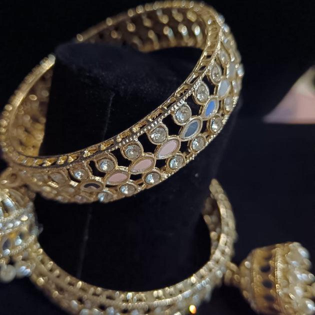 Textured Gold Kada Bangles with Hanging Jhumki Charms (Pair) – Regal Ethnic Statement Wear