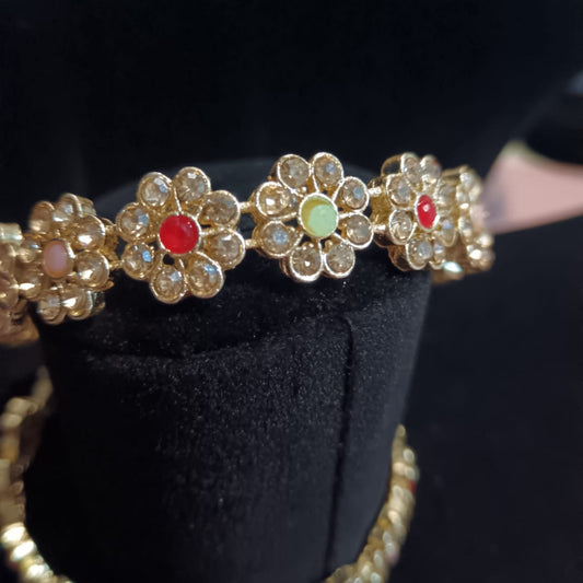 Multicolor Floral Stone Kada Bangles (Pair) – Traditional Gold-Tone Festive Elegance