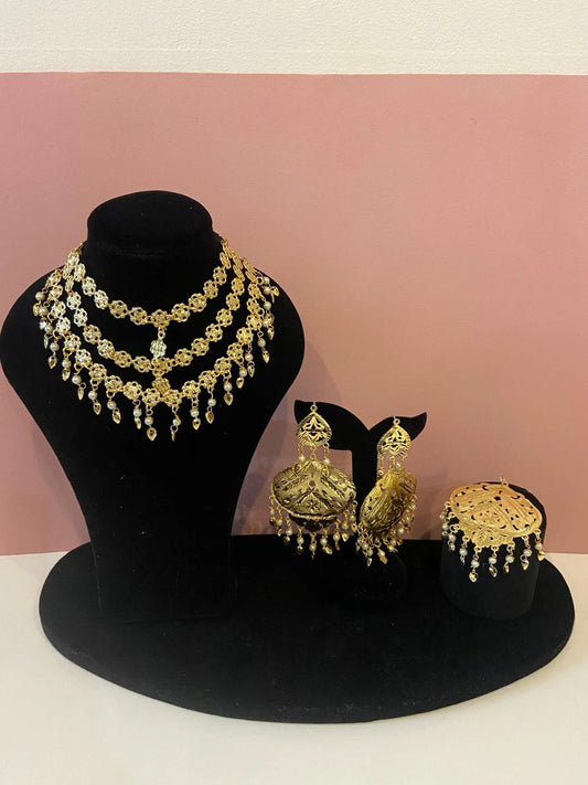 Bridal Jewelry Set - Statement Necklace, Earrings & Tikka with Pearl Dangles