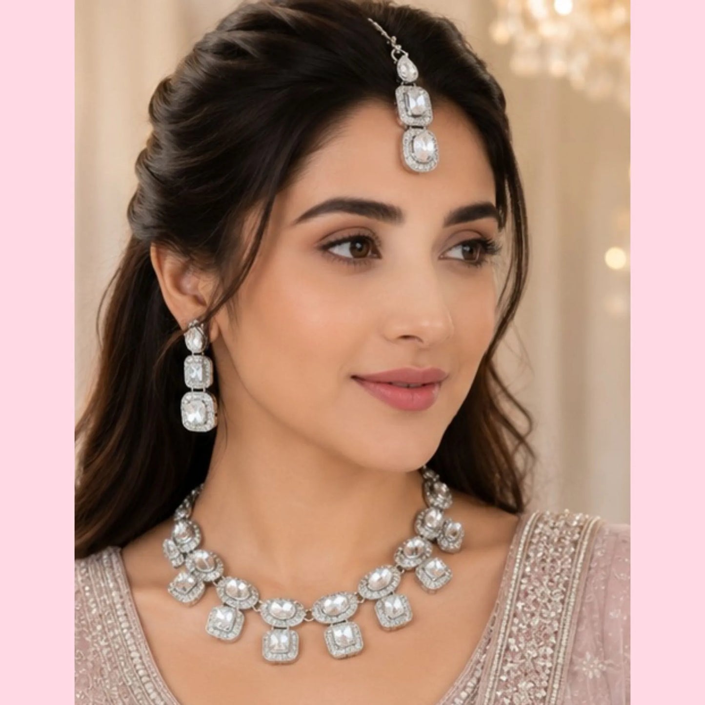 Stone Necklace Set with Drop Maang Tikka