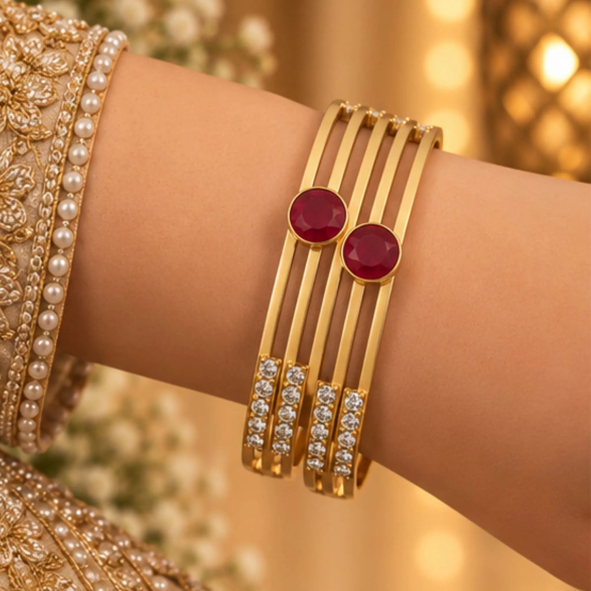Round Red Stone Gold-Tone Party Wear Bangle Pair