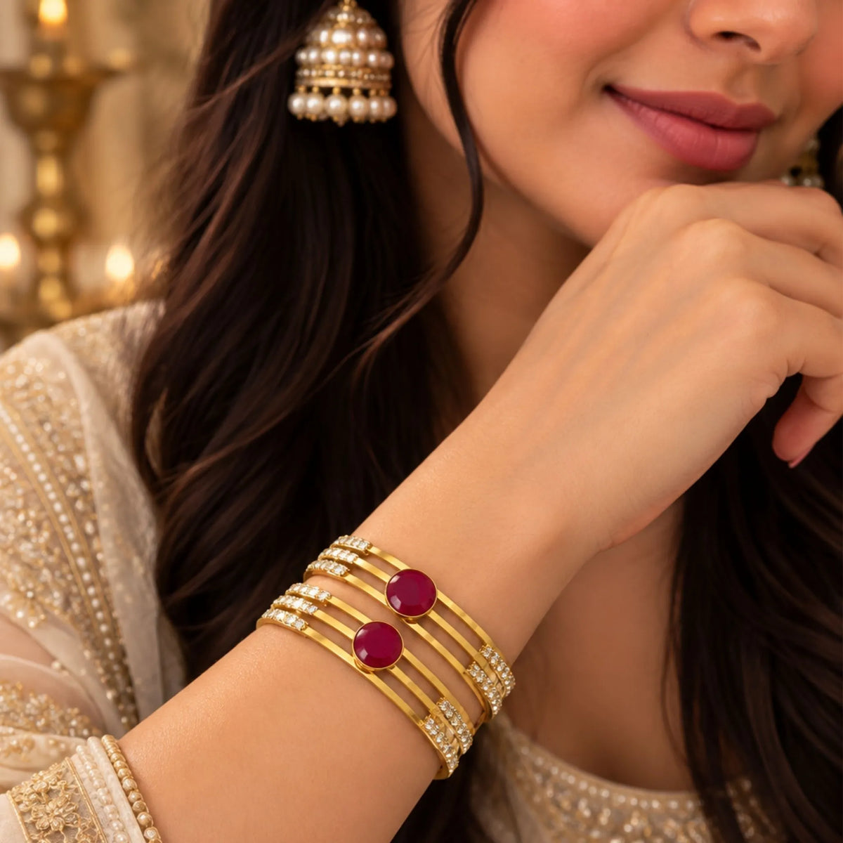 Round Red Stone Gold-Tone Party Wear Bangle Pair