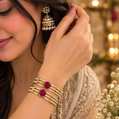 Round Red Stone Gold-Tone Party Wear Bangle Pair