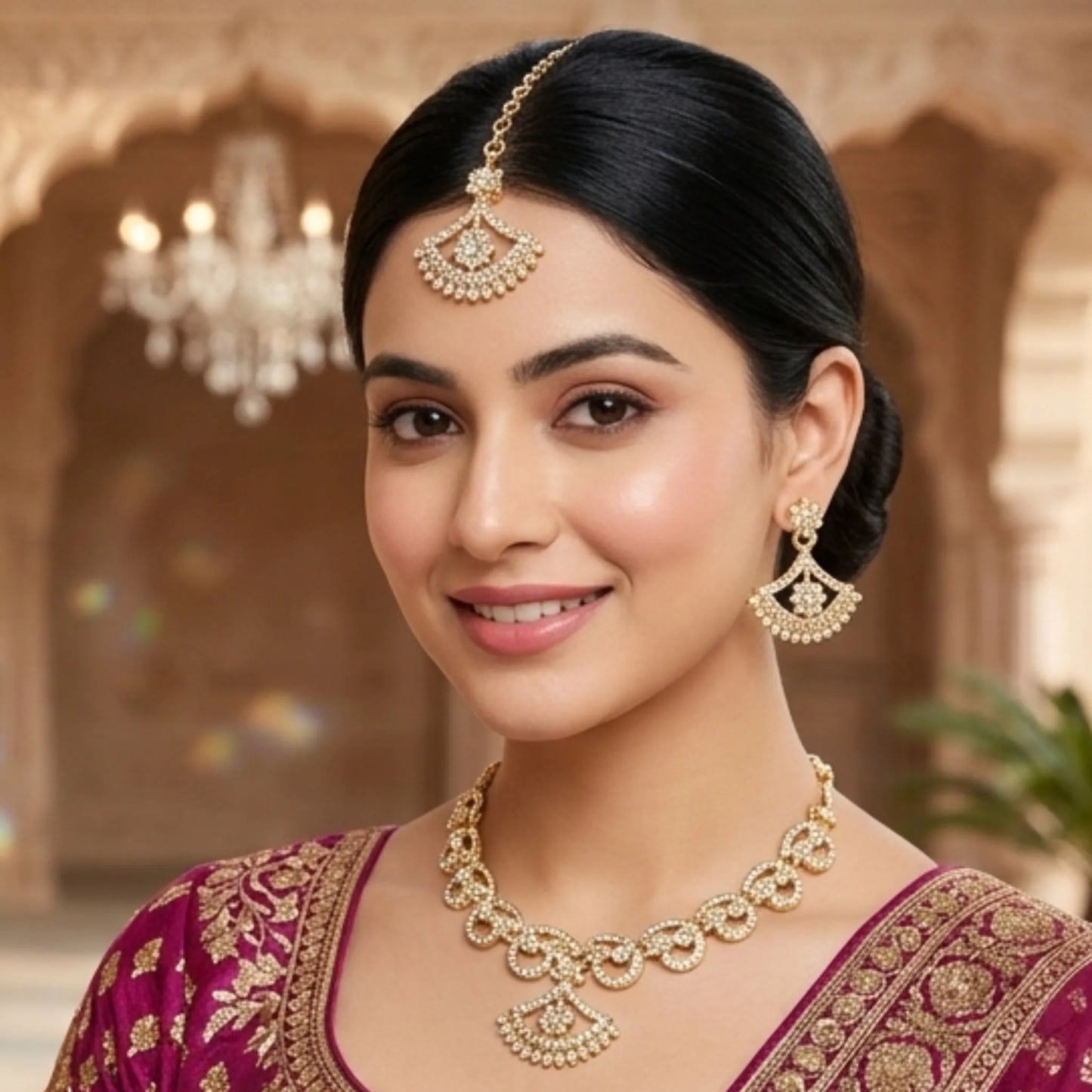 Stone Necklace Set with Earrings & Maang Tikka – Gold & Silver Options
