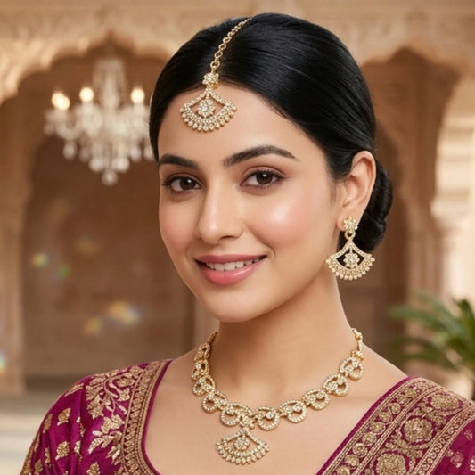 Stone Necklace Set with Earrings & Maang Tikka – Gold & Silver Options