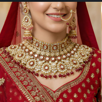 Royal Kundan Bridal Jewellery Set –  Maroon Choker Necklace with Earrings, Maatha Patti & Nath