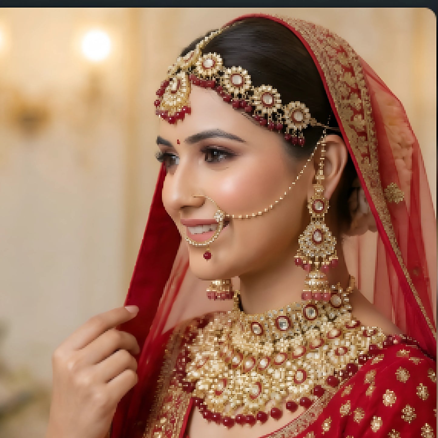 Royal Kundan Bridal Jewellery Set –  Maroon Choker Necklace with Earrings, Maatha Patti & Nath