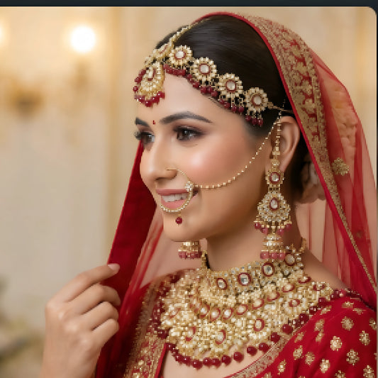 Royal Kundan Bridal Jewellery Set –  Maroon Choker Necklace with Earrings, Maatha Patti & Nath