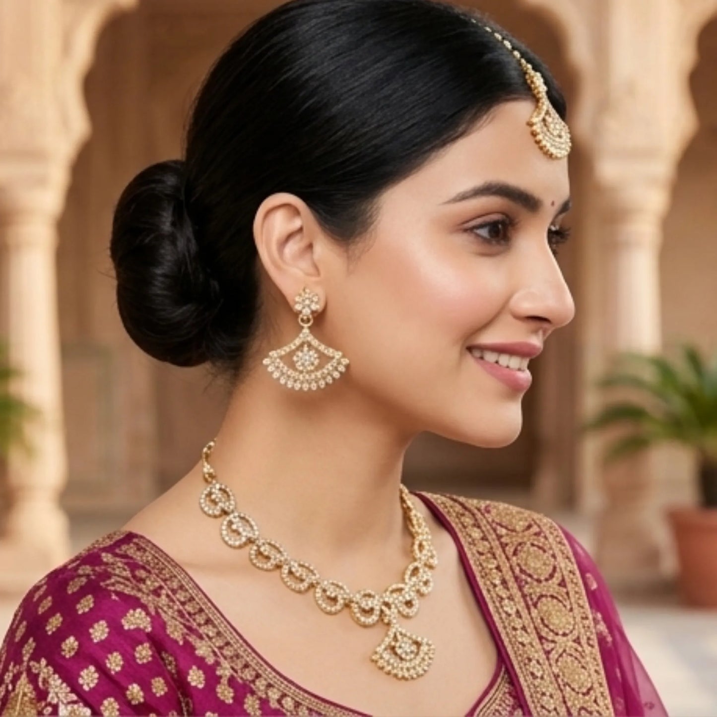 Stone Necklace Set with Earrings & Maang Tikka – Gold & Silver Options