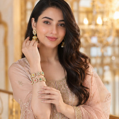 Multicolor Floral Stone Kada Bangles (Pair) – Traditional Gold-Tone Festive Elegance