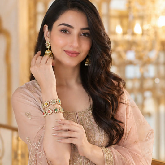 Multicolor Floral Stone Kada Bangles (Pair) – Traditional Gold-Tone Festive Elegance