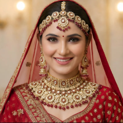 Royal Kundan Bridal Jewellery Set –  Maroon Choker Necklace with Earrings, Maatha Patti & Nath