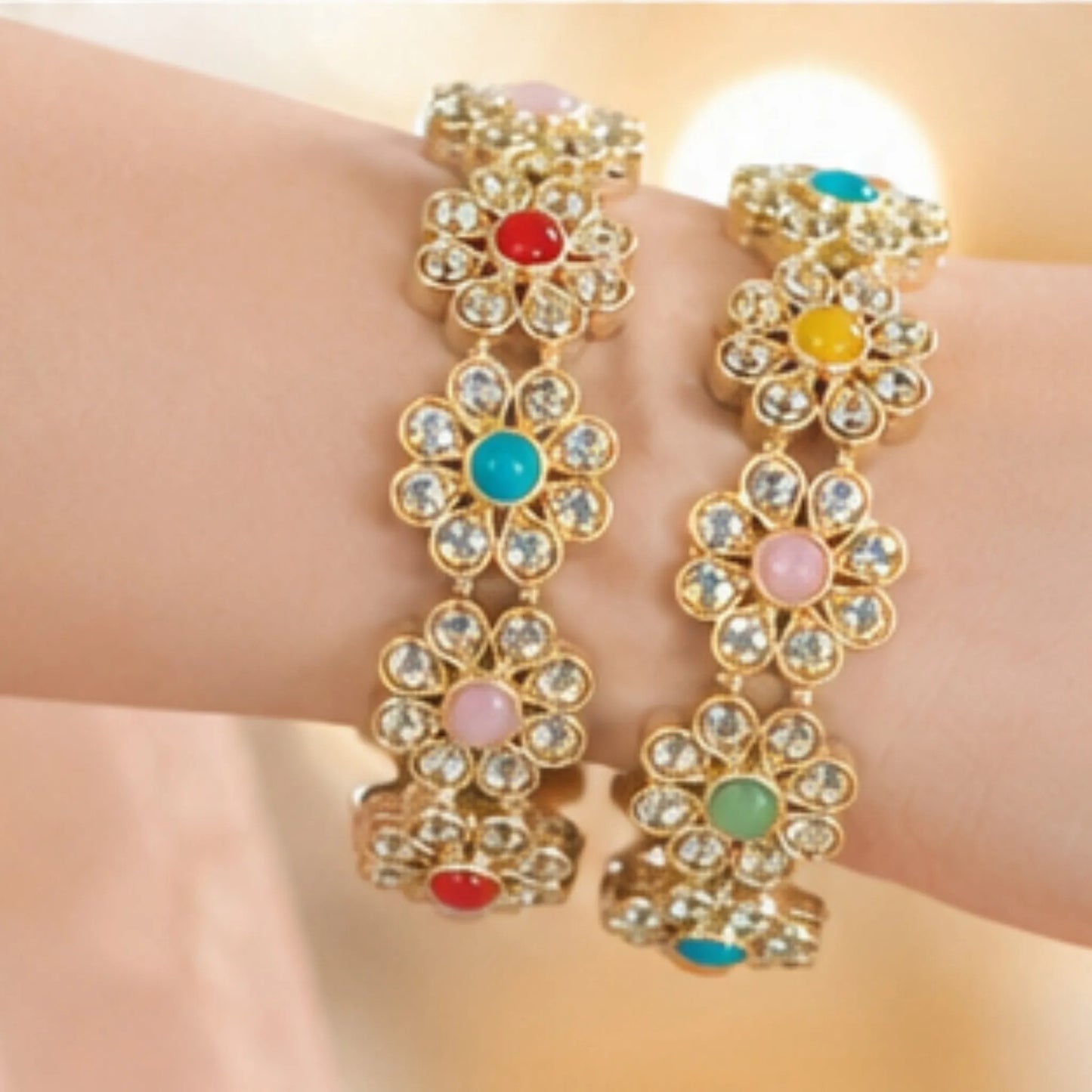Multicolor Floral Stone Kada Bangles (Pair) – Traditional Gold-Tone Festive Elegance