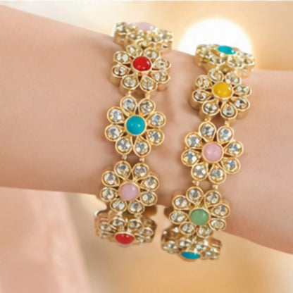 Multicolor Floral Stone Kada Bangles (Pair) – Traditional Gold-Tone Festive Elegance