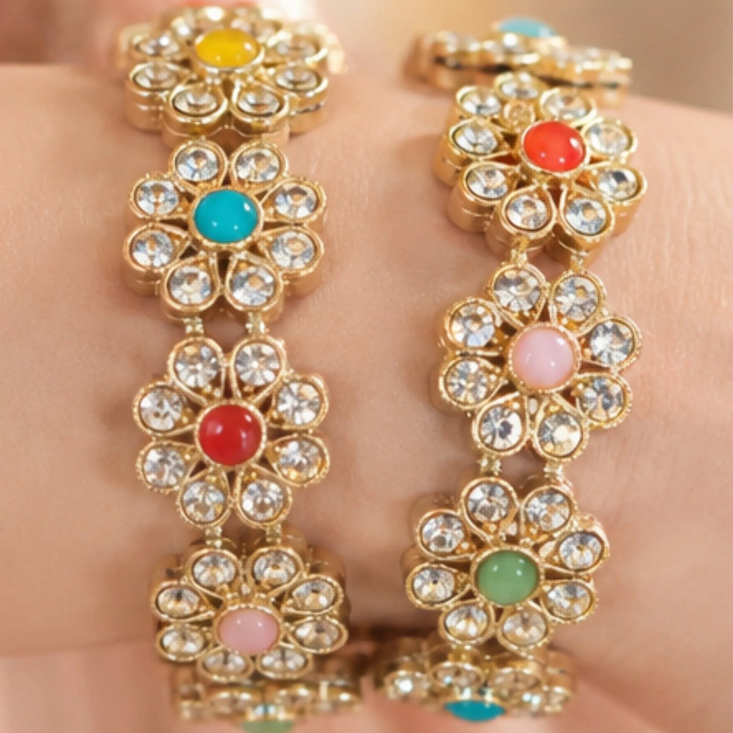 Multicolor Floral Stone Kada Bangles (Pair) – Traditional Gold-Tone Festive Elegance
