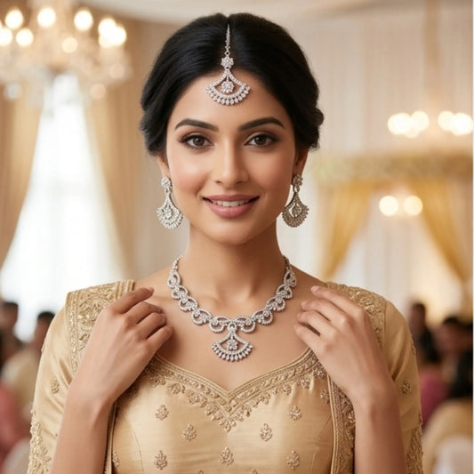 Stone Necklace Set with Earrings & Maang Tikka – Gold & Silver Options