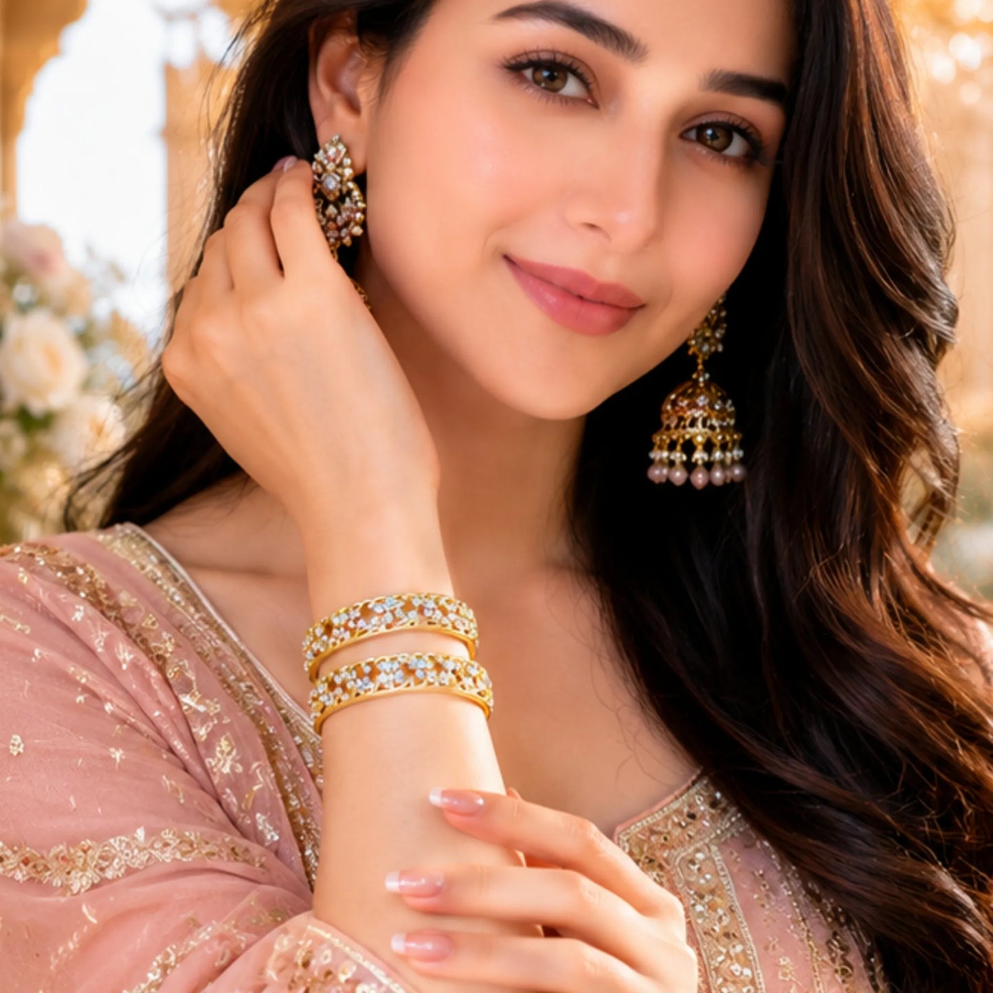 Butterfly Pattern Stone Kada Bangles (Pair) – Elegant Gold-Tone Traditional Wear